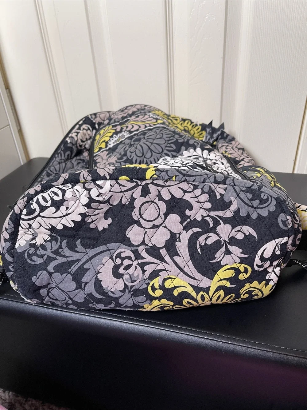 Vera Bradley Black Travel Backpack with Yellow, Gray & Cream Floral Print